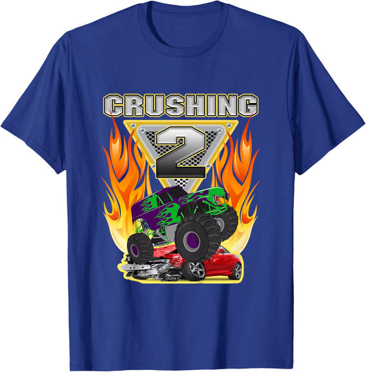 Monster Truck Crushing being 2 Two Years Old 2nd Birthday T-Shirt - T-Shirt | Royal