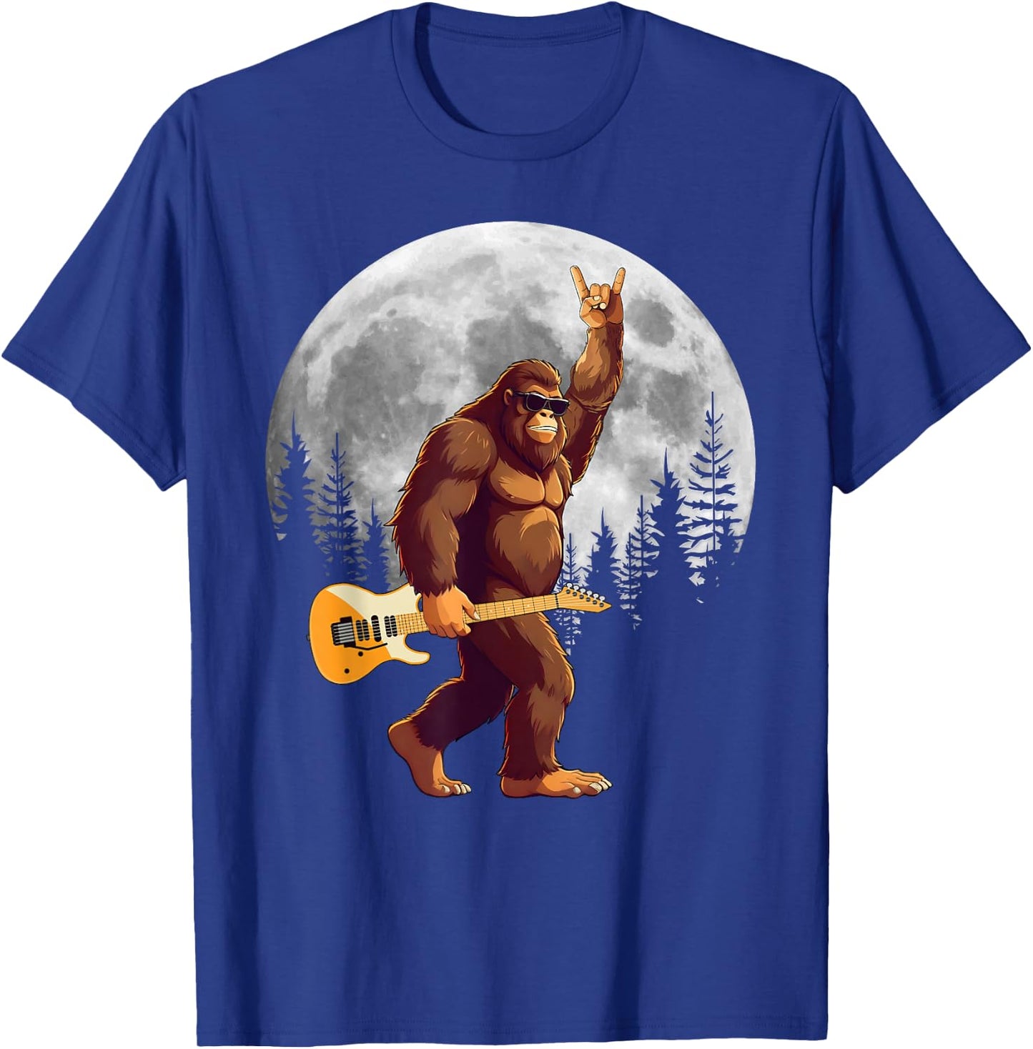Bigfoot Carrying Guitar At Night Full Moon Trees Sasquatch T-Shirt - T-Shirt | Royal
