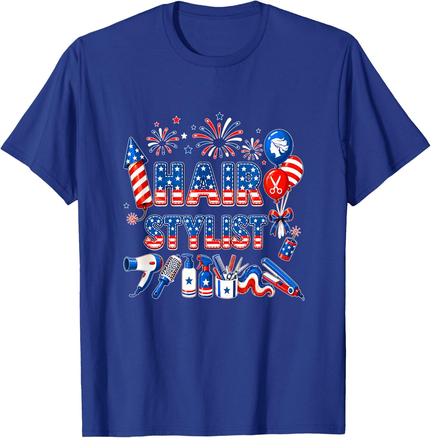 Hair Stylist 4th of July US Flag Fireworks Patriotic Team T-Shirt - T-Shirt | Royal