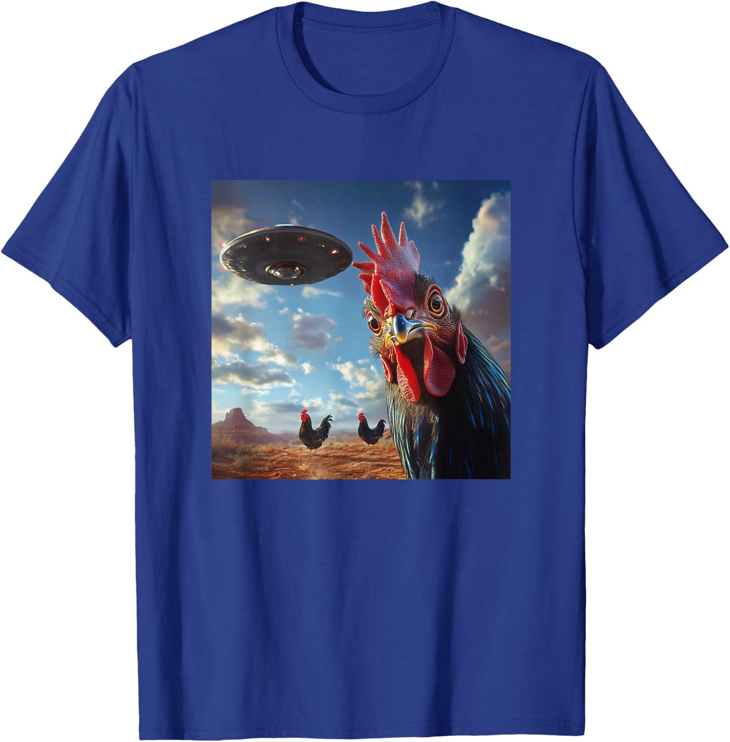 Chicken Hum Selfie with UFOs Weird Print Graphic Space Funny T-Shirt - T-Shirt | Royal
