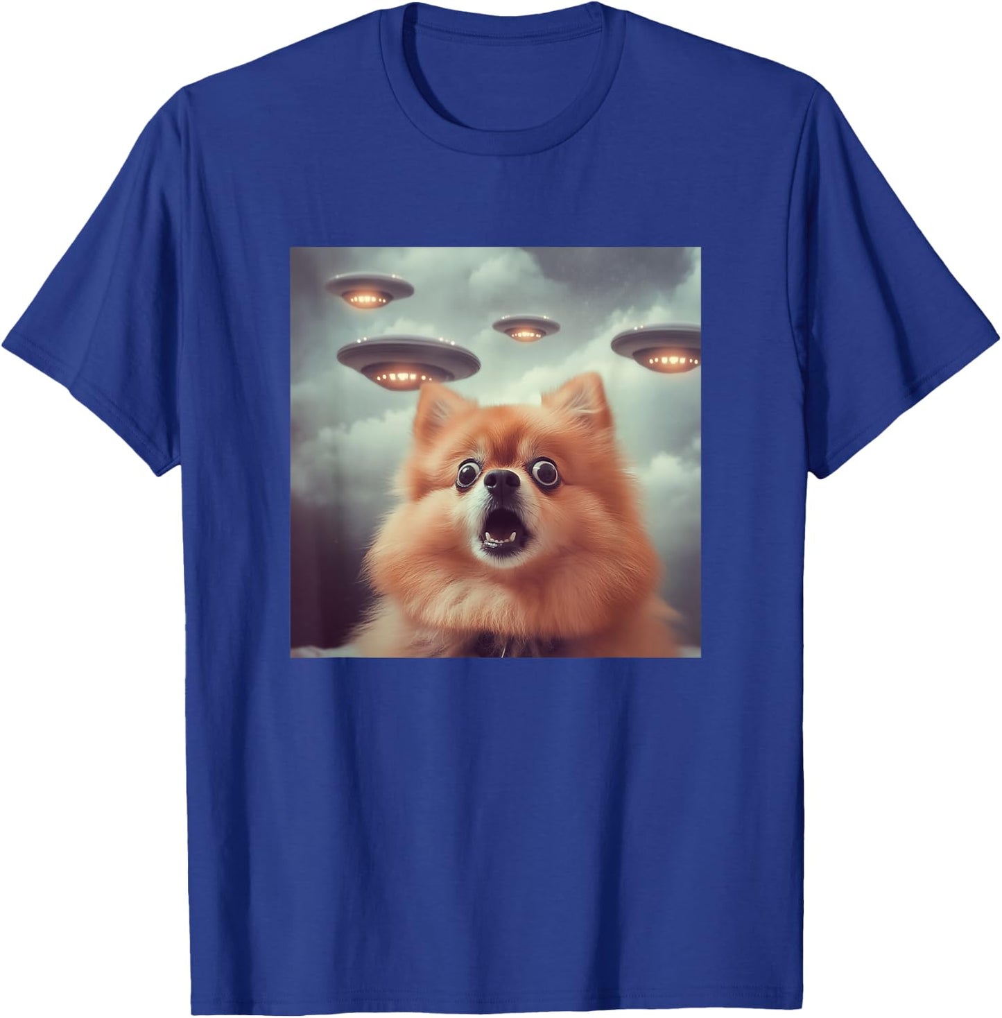 Pomeranian Selfie with UFOs Strange Print Graphic Space Funny T-Shirt - T-Shirt | Royal
