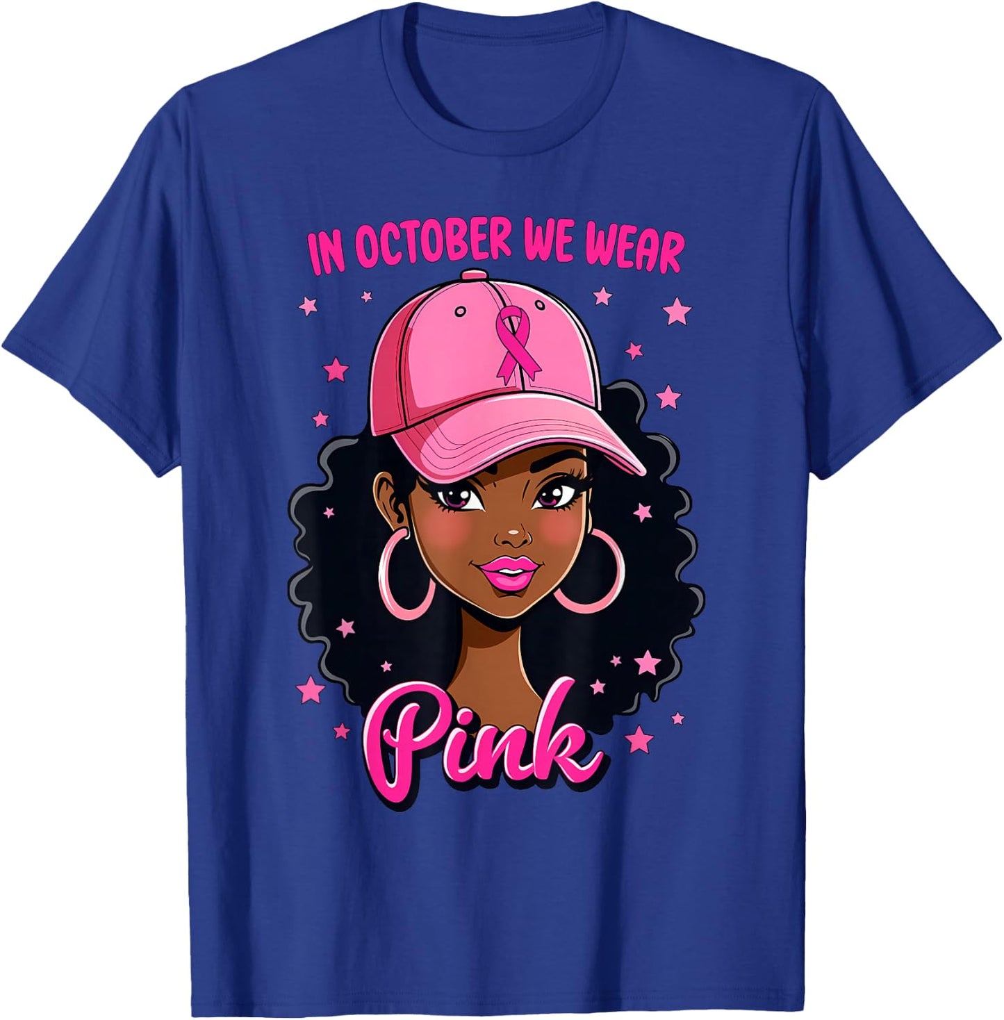 In October We Wear Pink Breast Cancer Awareness Black Girl T-Shirt - T-Shirt | Royal