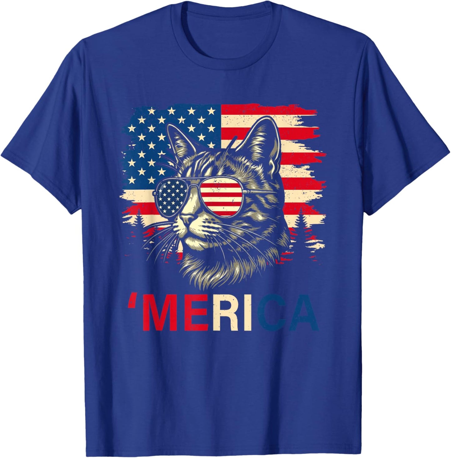 'Merica Cat Patriotic USA Flag Sunglasses Funny Men Women T-Shirt - T-Shirt | Royal