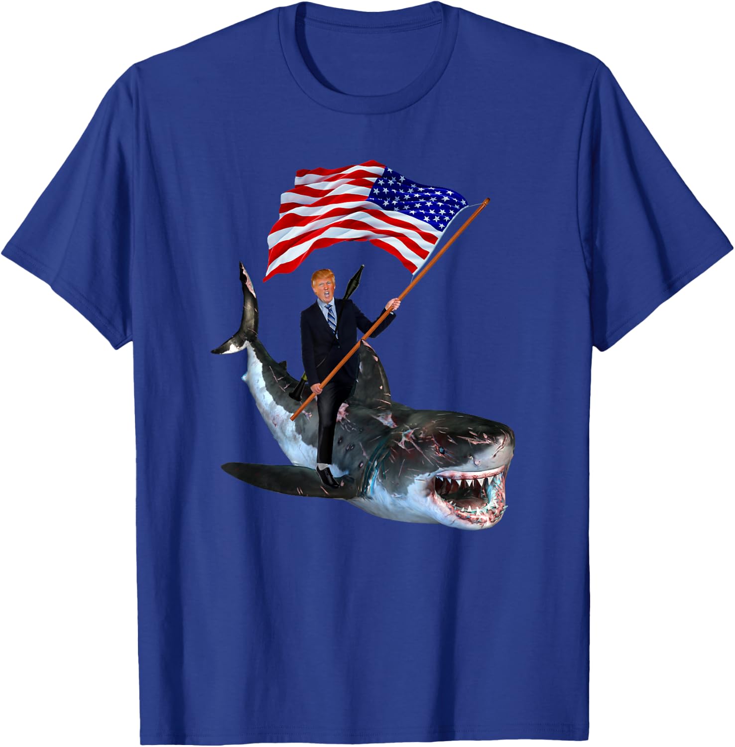 Epic Trump Riding Shark Holding USA Flag Funny T-Shirt - T-Shirt | Royal