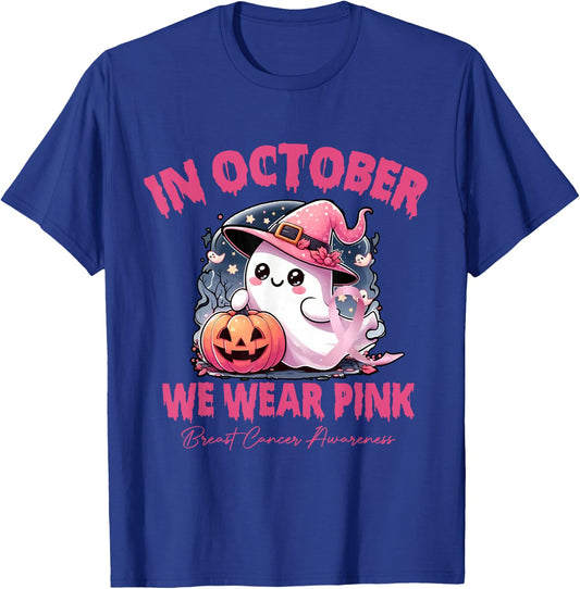 In October We Wear Pink Ghosts Breast Cancer Awareness T-Shirt - T-Shirt | Royal