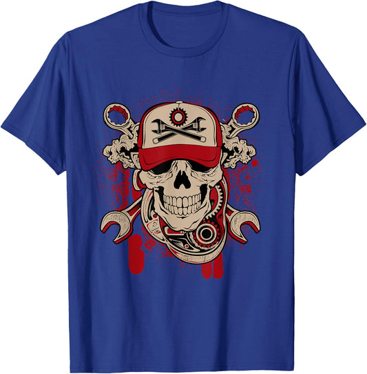 Vintage Mechanic Skull and Wrench Graphic T-Shirt - T-Shirt | Royal