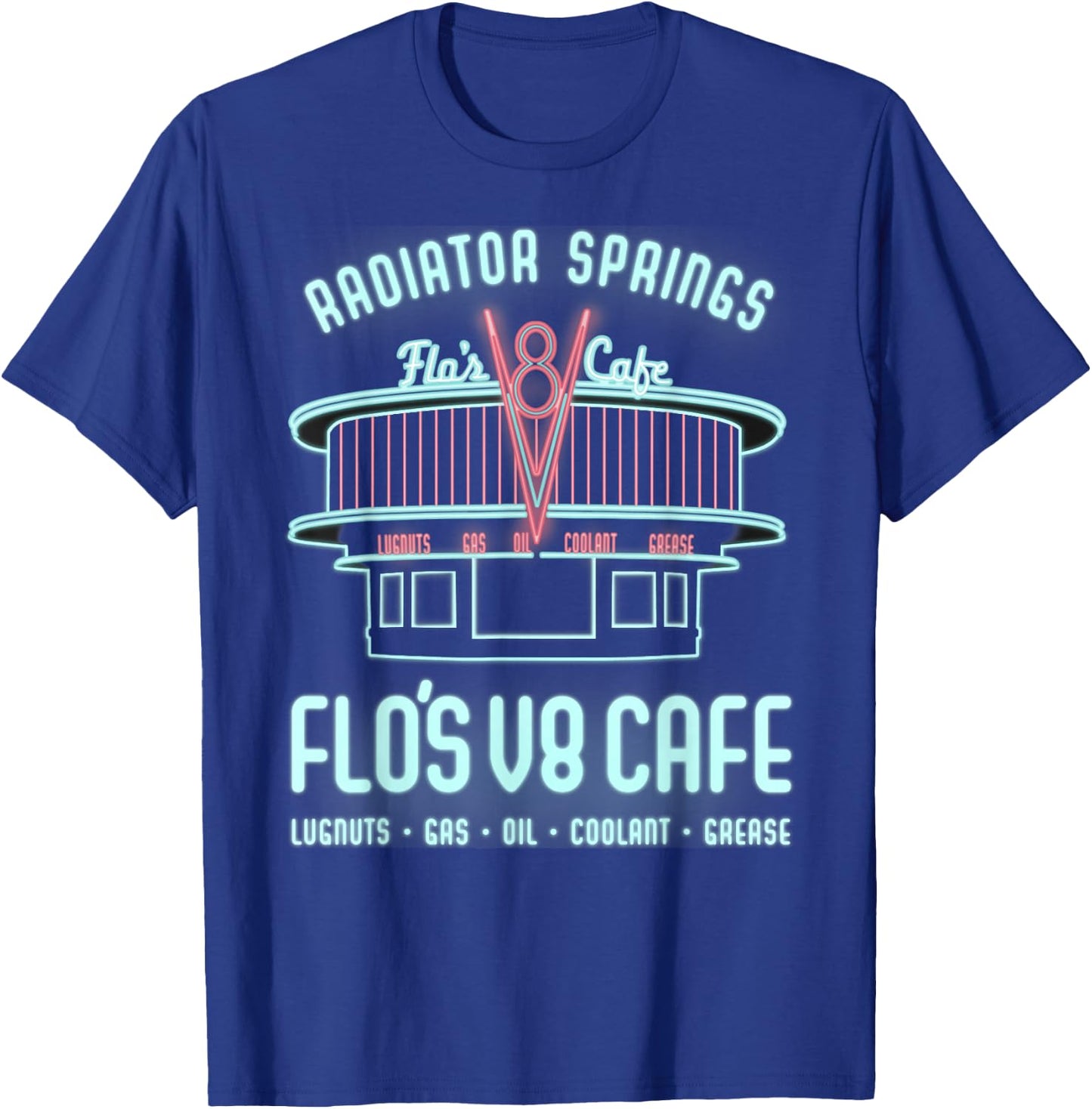 Disney Pixar Cars Flo's V8 Cafe Neon Sign Vintage Poster T-Shirt - T-Shirt | Royal