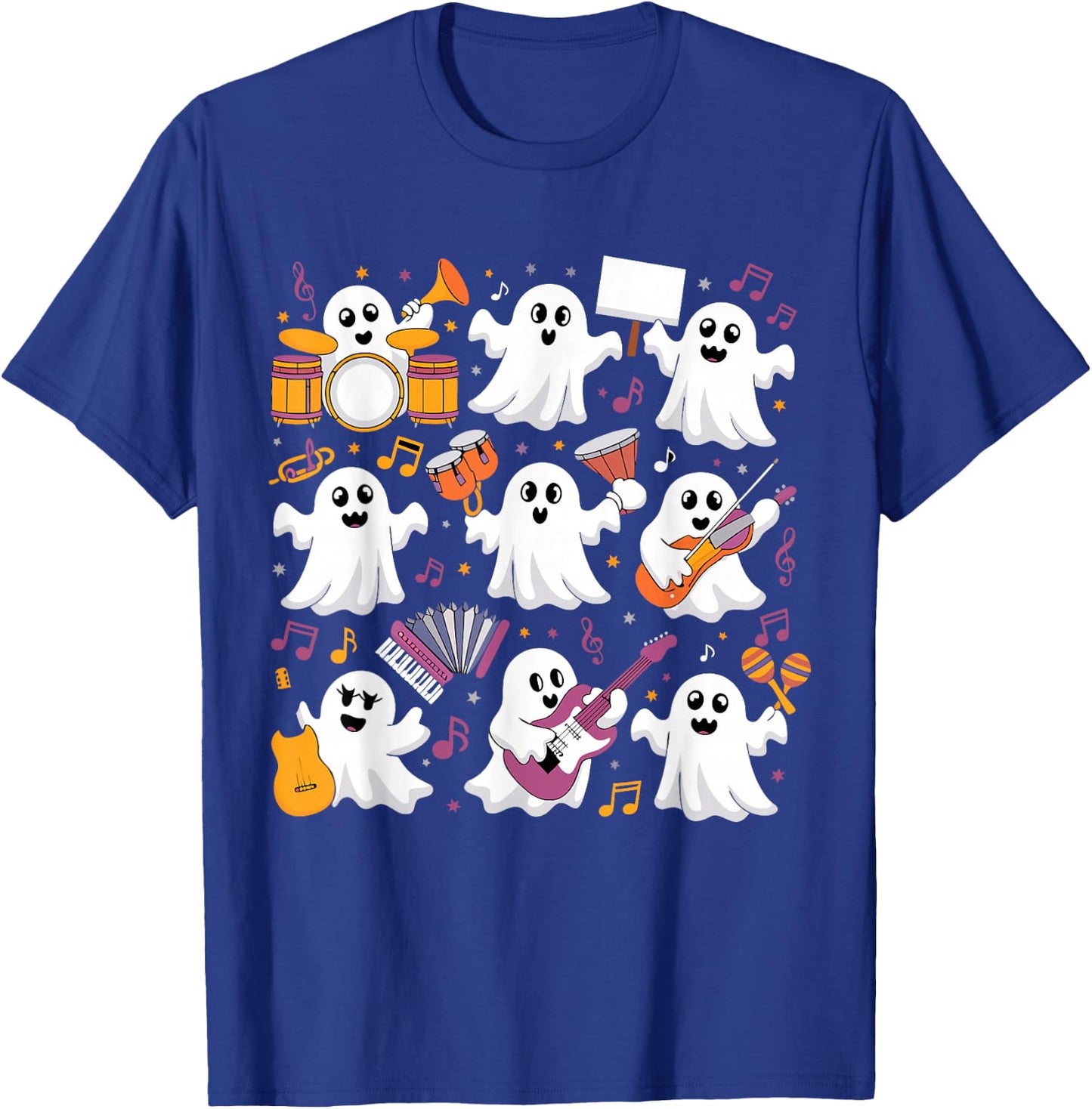 Halloween Ghost Music Teacher Playing Instruments T-Shirt - T-Shirt | Royal