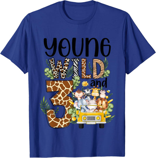 Kids Young Wild and Three African Safari 3 Year Old 3rd Birthday T-Shirt - T-Shirt | Royal