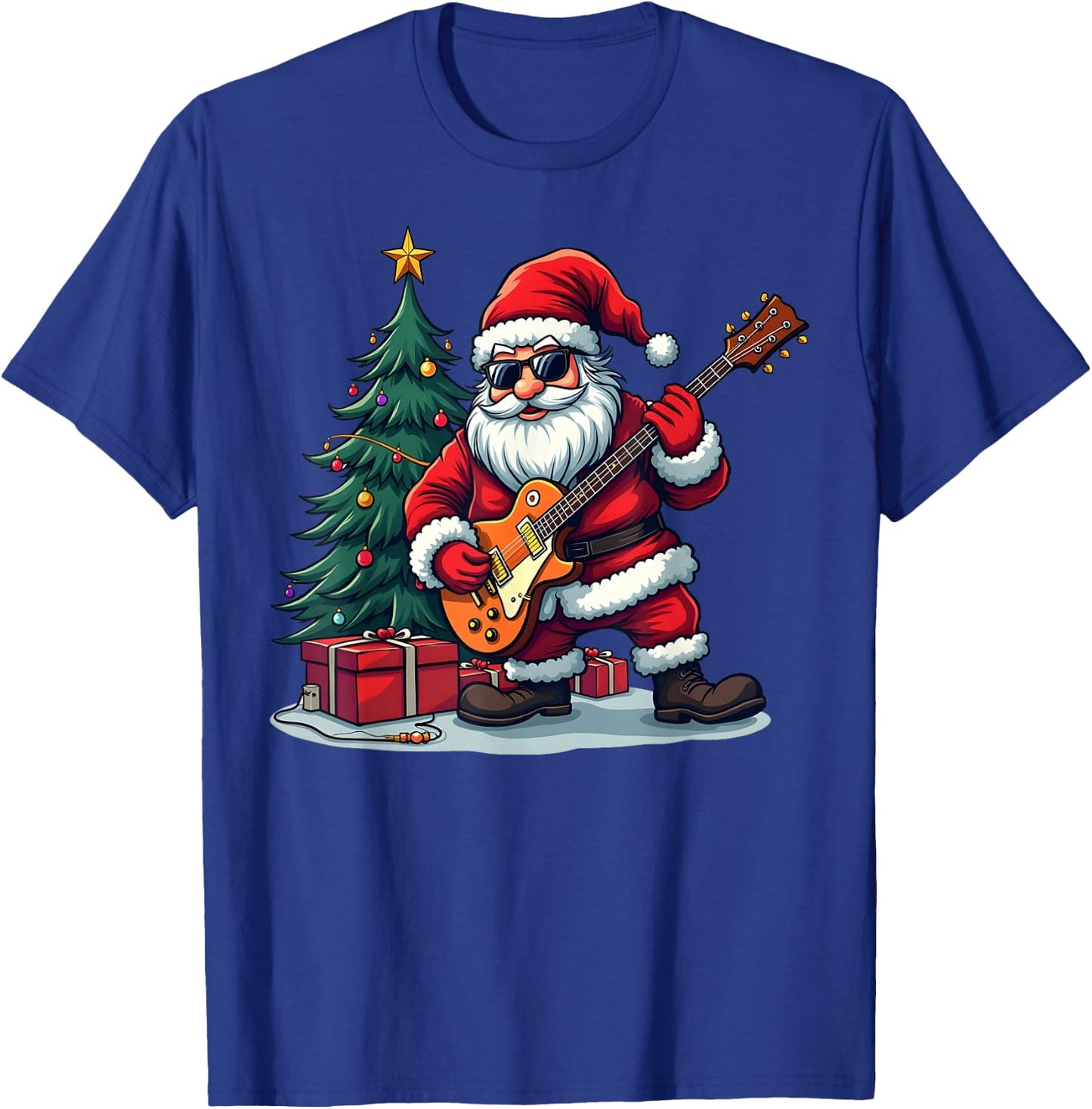 A rockstar Santa with a guitar in front of a Christmas tree T-Shirt - T-Shirt | Royal