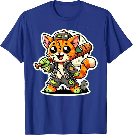 Cute Orange Cat Zombie Baseball Boy Halloween Party Kids T-Shirt - T-Shirt | Royal