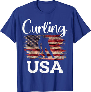 Curling USA Curler Winter Sports American Flag T-Shirt - T-Shirt | Royal