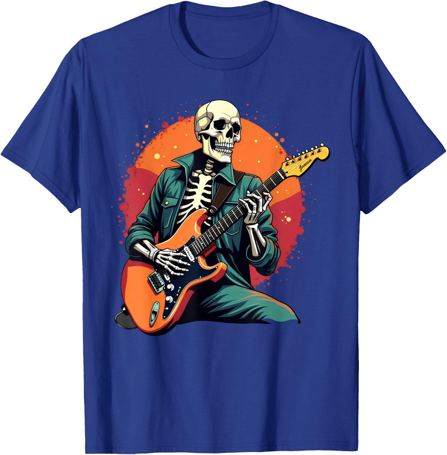 Skeleton Playing Bass Guitar Electric Acoustic Halloween T-Shirt - T-Shirt | Royal