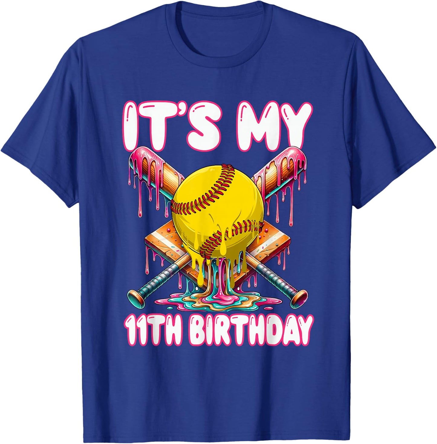 It's My 11th Birthday Softball Drip 11 Year Old Girl Party T-Shirt - T-Shirt | Royal