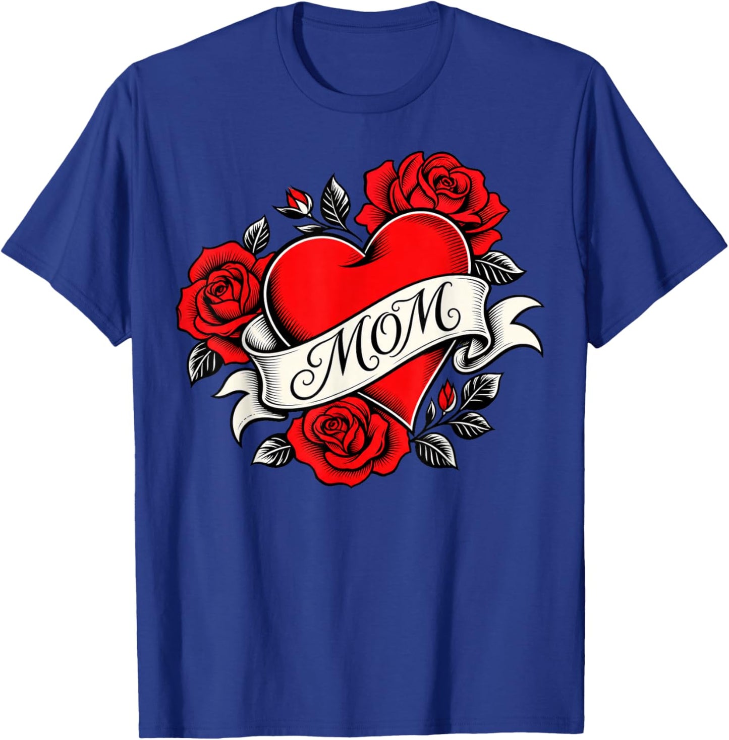 Bold Heart Tattoo with Roses and MOM Banner T-Shirt - T-Shirt | Royal