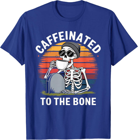 Caffeinated to the Bone Skeleton Coffee Funny Retro T-Shirt - T-Shirt | Royal