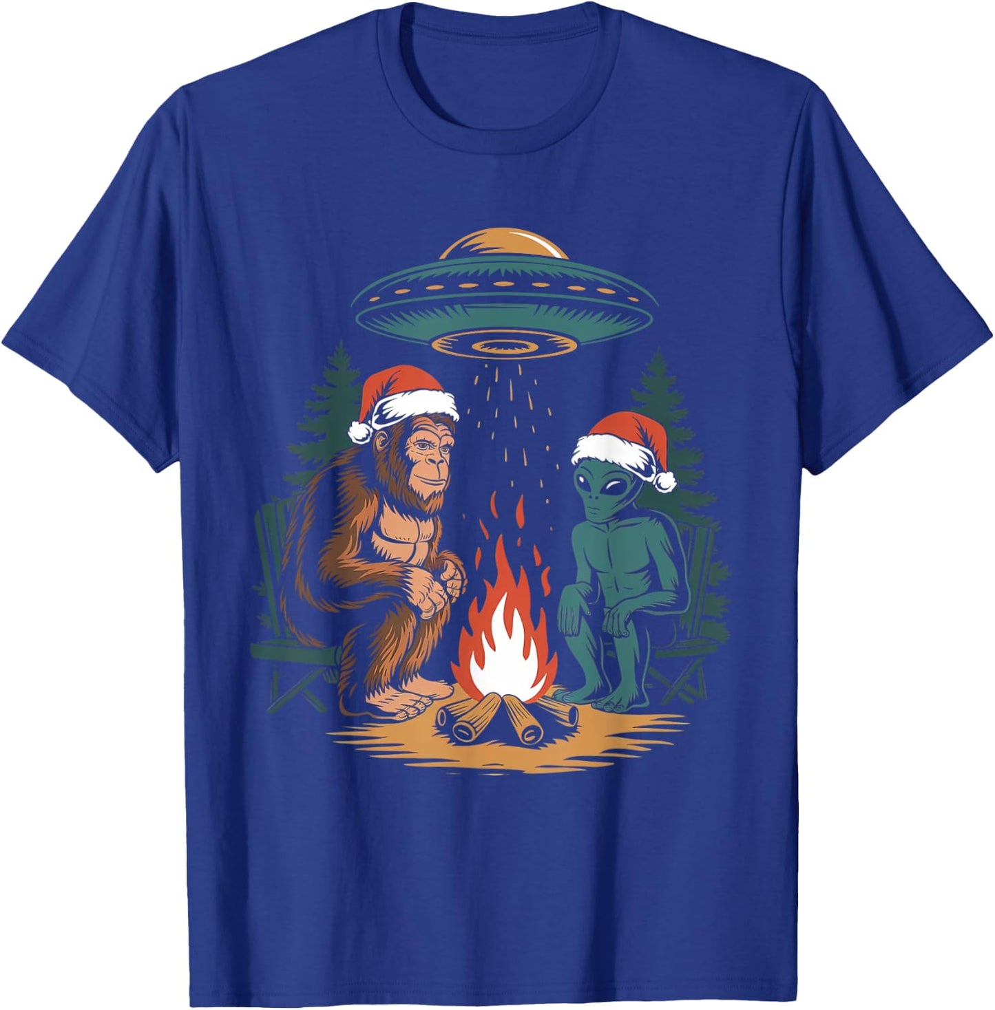 Funny Bigfoot Alien UFO Santa Hat Campfire Outdoor Christmas T-Shirt - T-Shirt | Royal