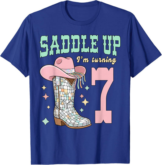 Saddle Up I’m Turning 7 Groovy Cowgirl Disco Western T-Shirt - T-Shirt | Royal