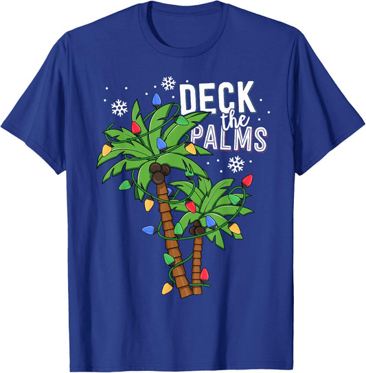 Deck The Palms Tropical Hawaii Christmas Palm Tree Lights T-Shirt - T-Shirt | Royal