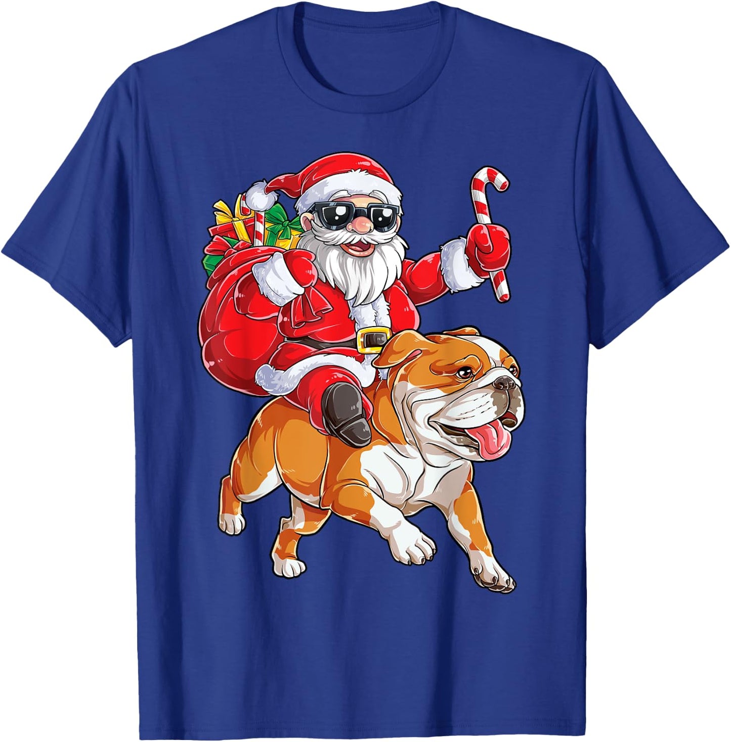 Christmas Santa Claus Riding English Bulldog Xmas Boys Dog T-Shirt - T-Shirt | Royal