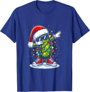 Merry Christmas Pickle Cucumber Dabbing Santa Hat Lights T-Shirt - T-Shirt | Royal