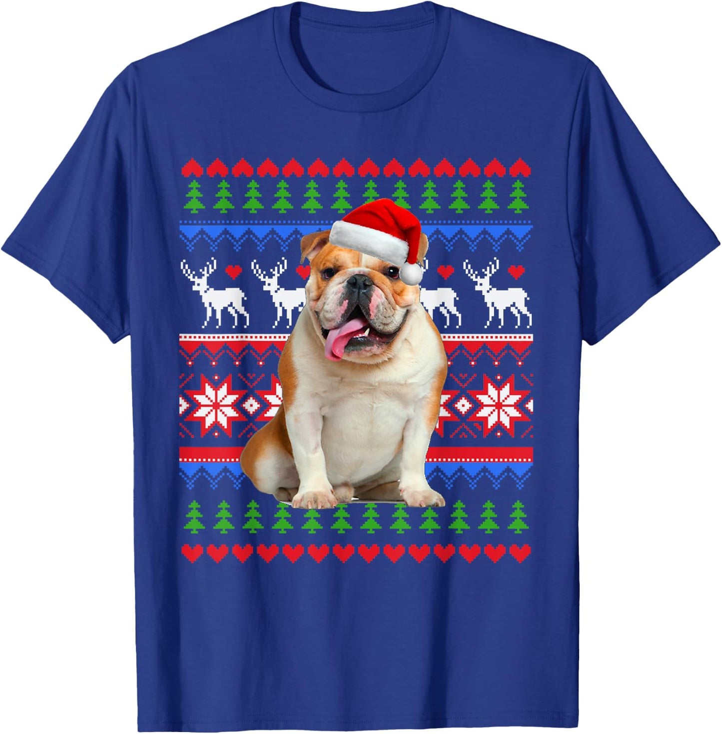 Santa English Bulldog Christmas Light Ugly Christmas Sweater Women Kids T-Shirt - T-Shirt | Royal