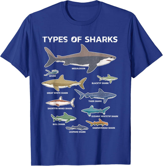 9 Types Of Sharks Educational Colorful Ocean T-Shirt - T-Shirt | Royal