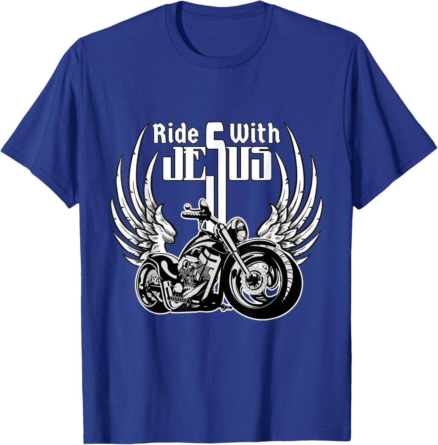 Ride With Jesus Christian Biker Men Women Kids Motorcycle T-Shirt - T-Shirt | Royal