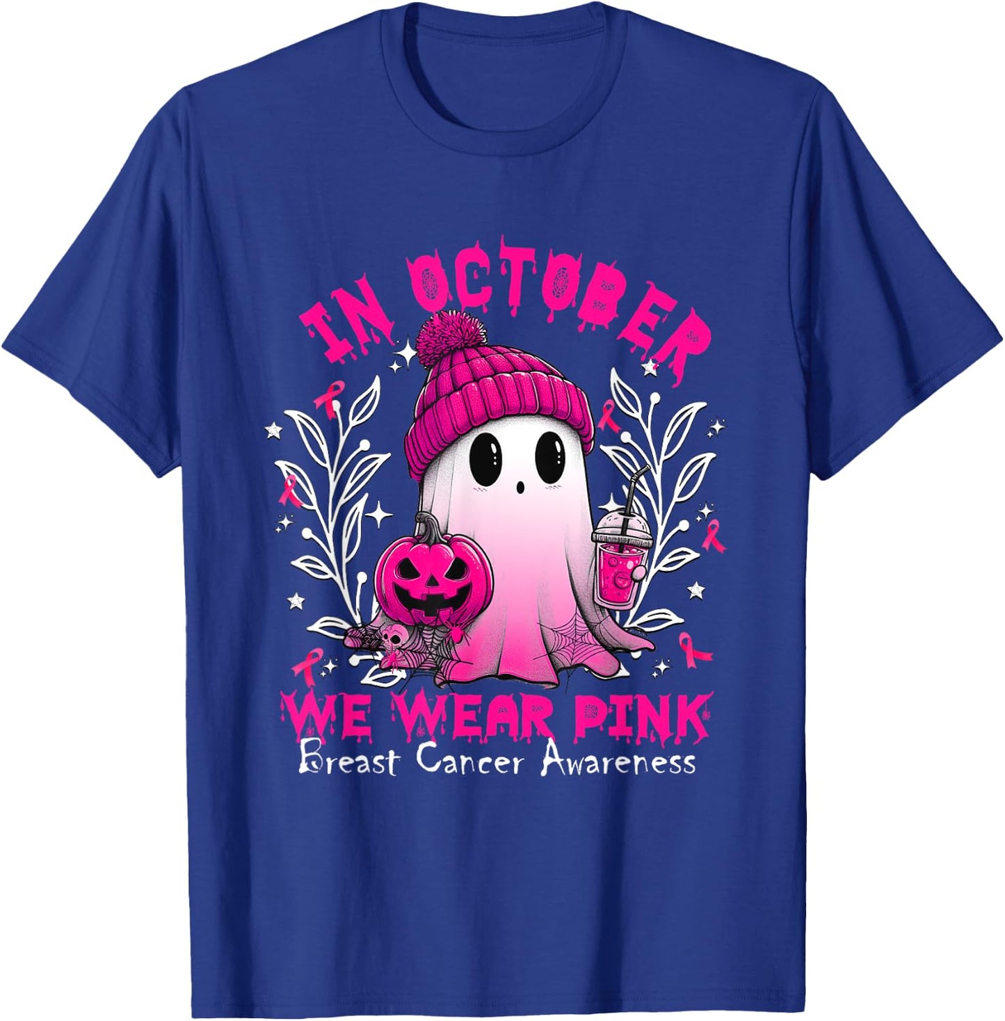 In October We Wear Pink Ghost Witch Breast Cancer Awareness T-Shirt - T-Shirt | Royal
