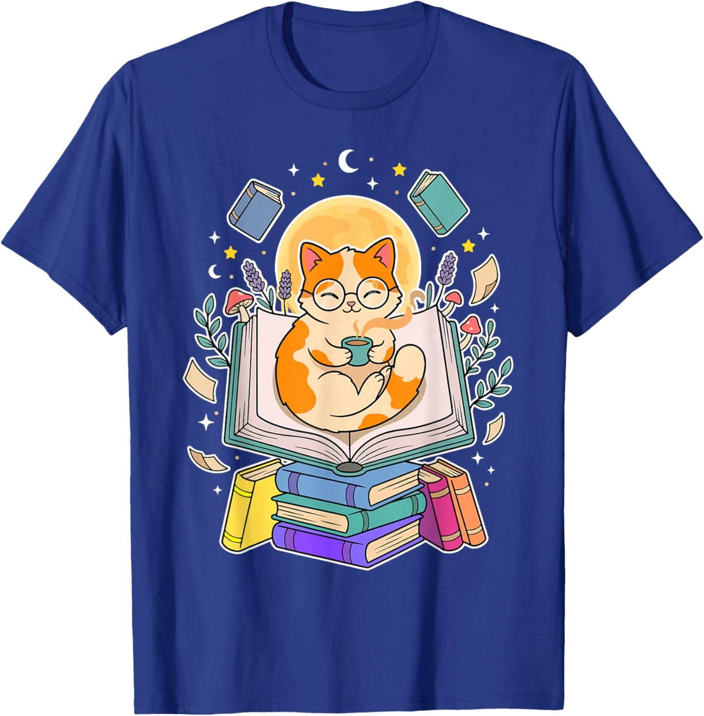 Cat Reading Book Lover Coffee Books Teacher Librarian Cat T-Shirt - T-Shirt | Royal
