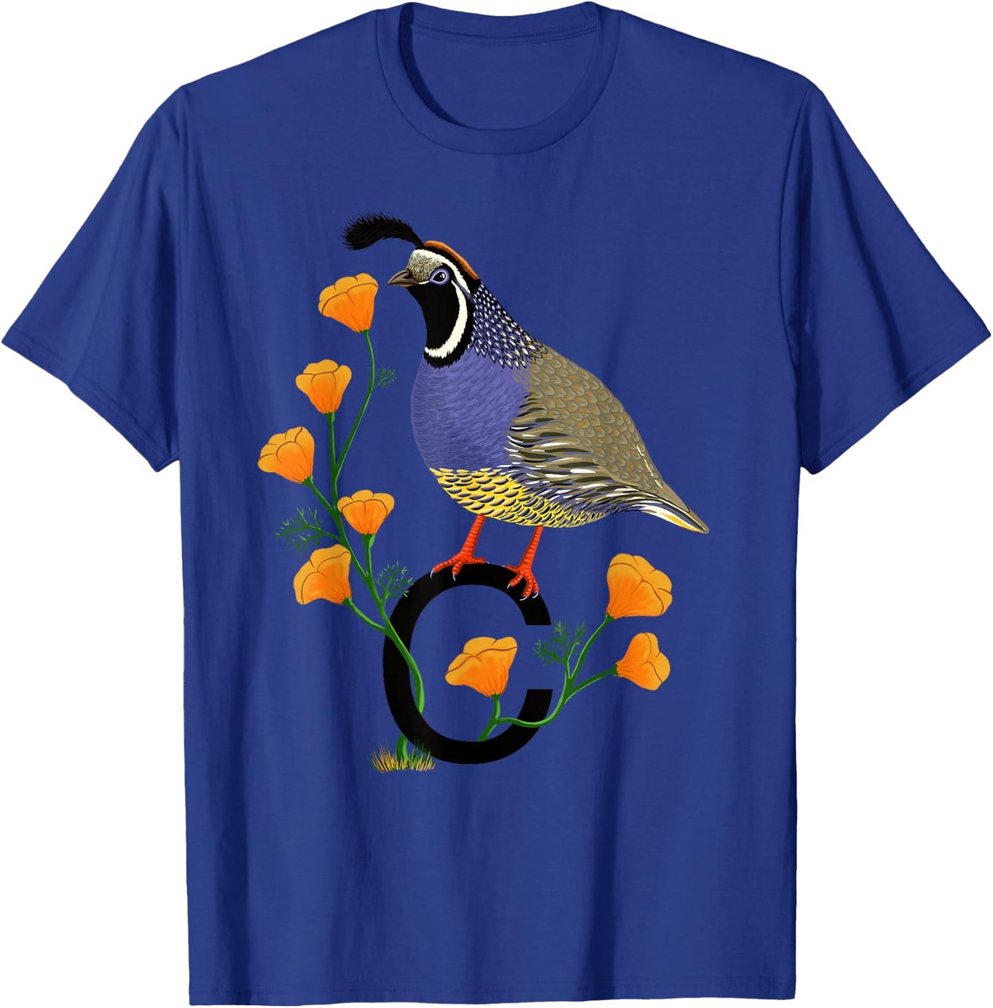 California Quail State Bird Californian Poppy Flowers T-Shirt - T-Shirt | Royal