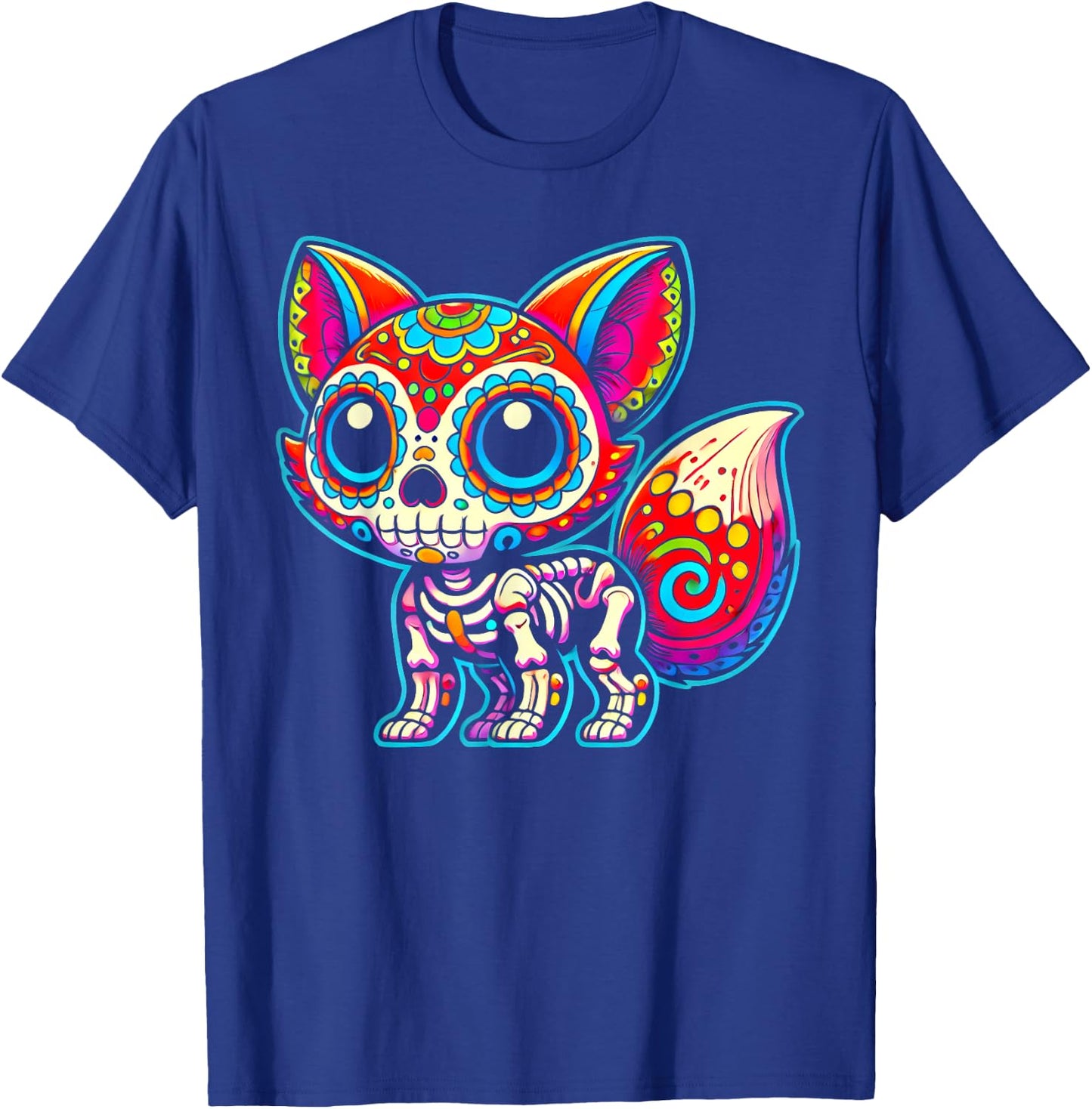 Colorful Sugar Skull Fox Day of the Dead Skeleton Art Lover T-Shirt - T-Shirt | Royal