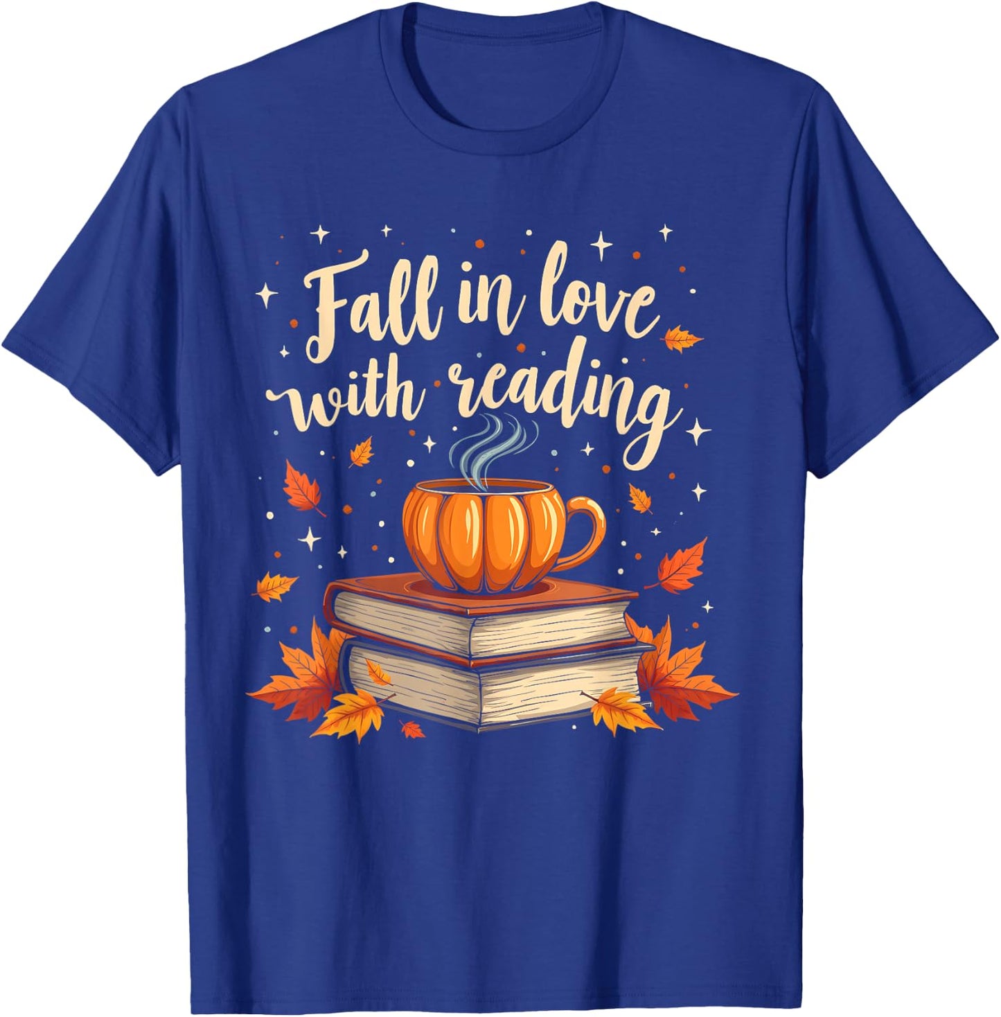 Fall In Love With Reading Book Autumn Pumpkins And Teachers T-Shirt - T-Shirt | Royal
