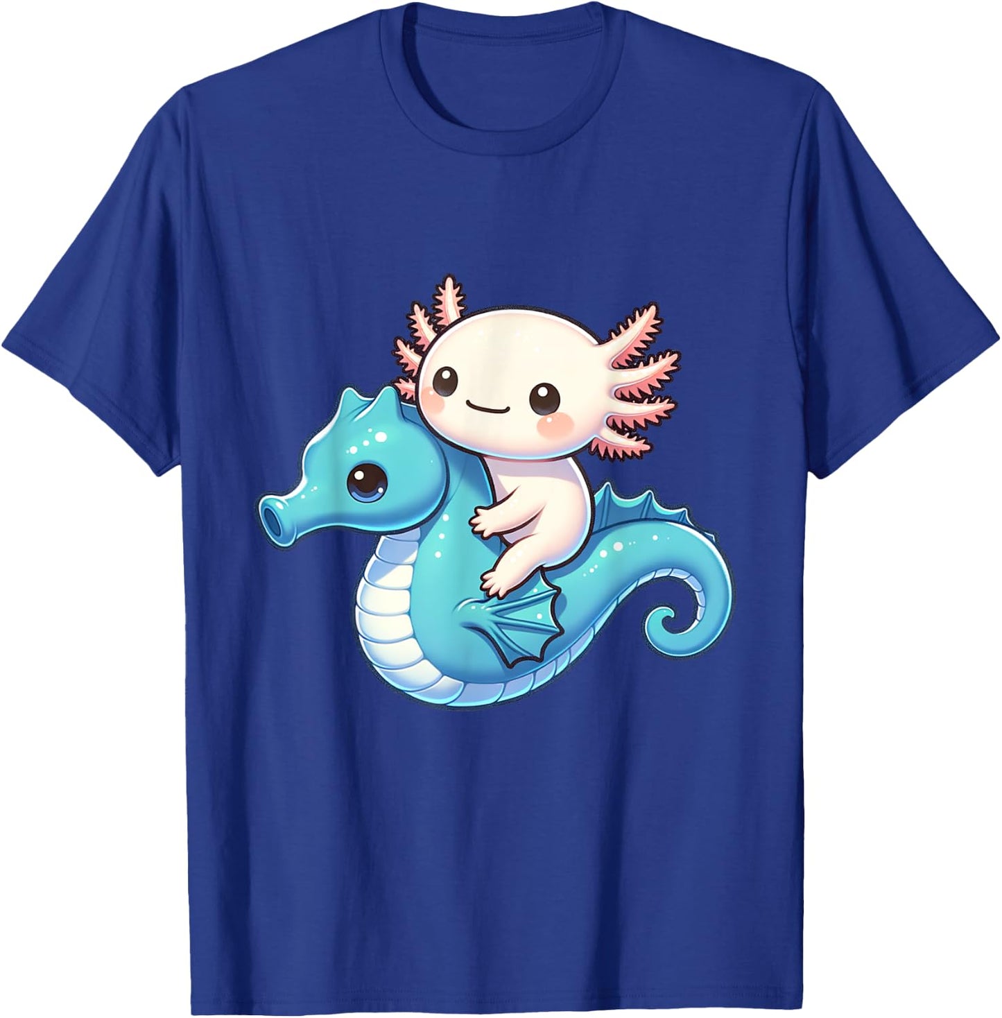 Cute Axolotl Riding A Seahorse. Funny Axolotls And Seahorses T-Shirt - T-Shirt | Royal