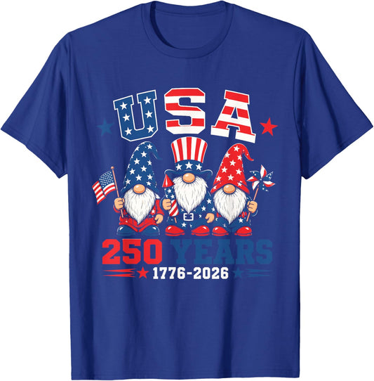 Patriotic Gnomes 250 Years 4th of July USA American Flag T-Shirt - T-Shirt | Royal