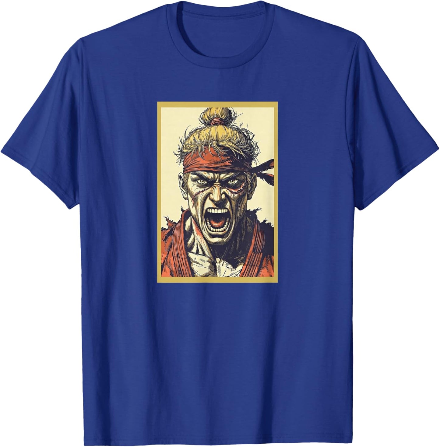 Hawk the Intense Manga Warrior | Top Knot & Scar Art T-Shirt - T-Shirt | Royal
