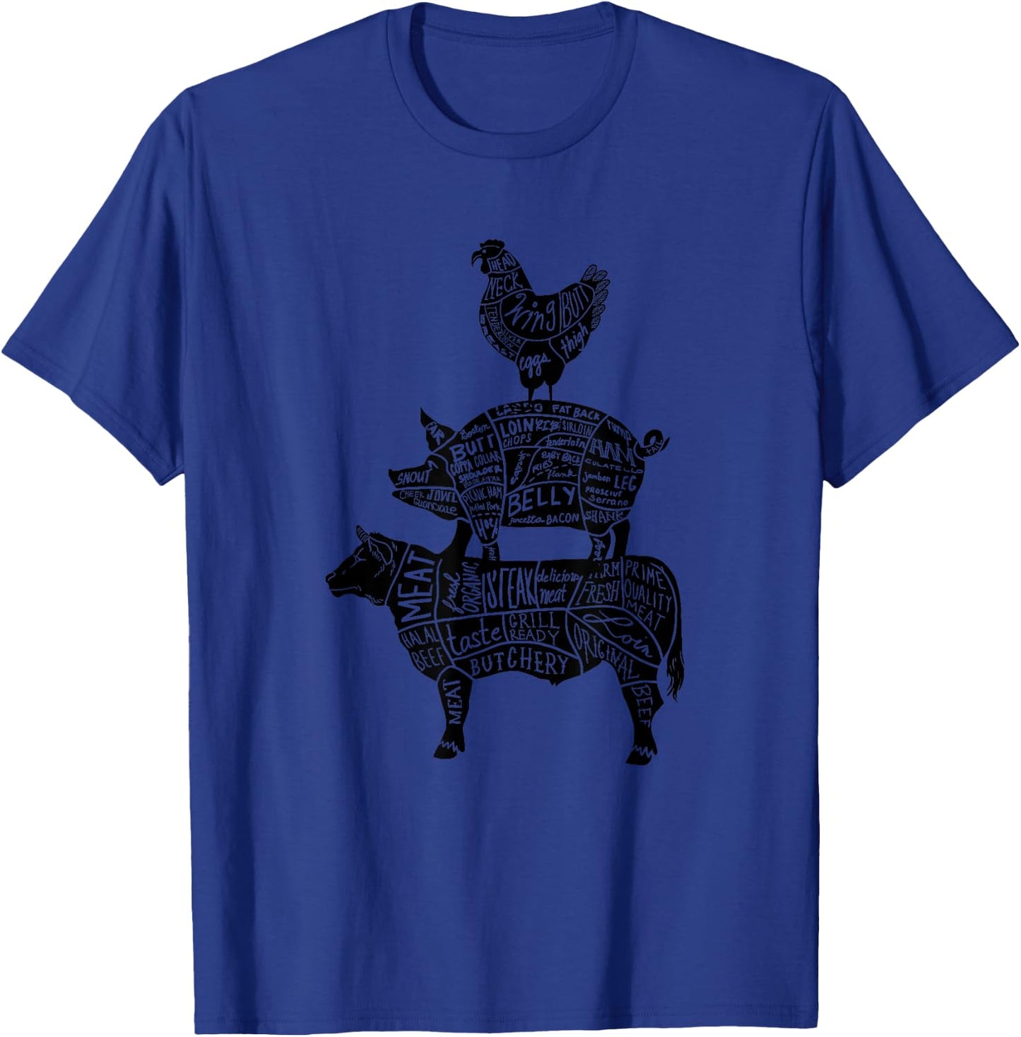 Cow Pig Chicken Parts Retro Beef Pork Poultry Meat Cuts Gift T-Shirt - T-Shirt | Royal