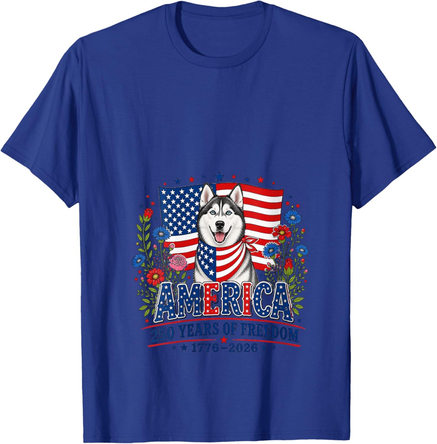 Women's 250 Years America Siberian Husky Patriotic USA 4th of July V-Neck T-Shirt - T-Shirt | Royal
