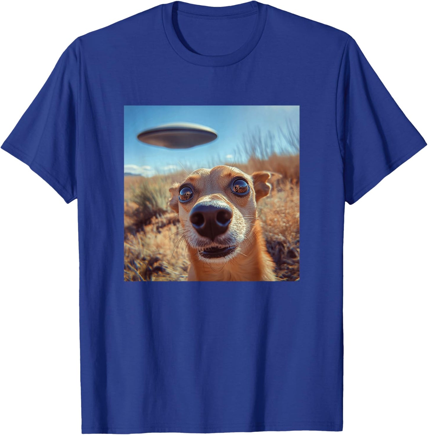 Dog Selfie with UFOs Weird Print Graphic Space Funny T-Shirt - T-Shirt | Royal