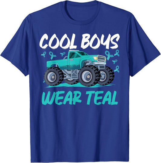 Monster Truck Teal Ribbon Cervical Cancer Awareness T-Shirt - T-Shirt | Royal