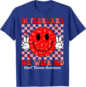 Groovy In February We Wear Red For Heart Disease Awareness T-Shirt - T-Shirt | Royal