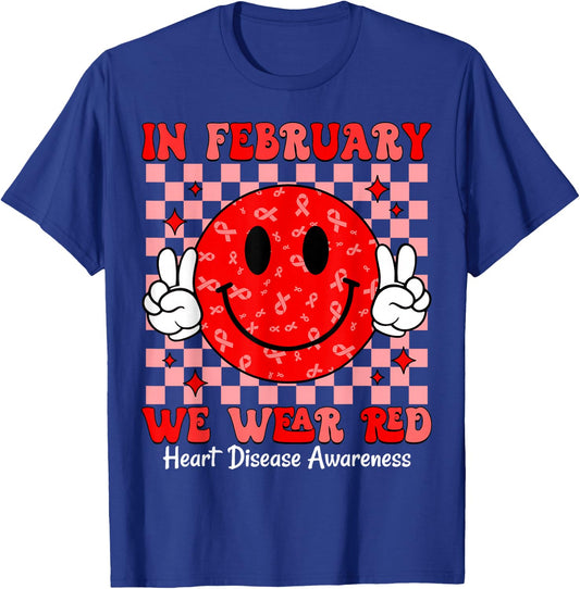 Groovy In February We Wear Red For Heart Disease Awareness T-Shirt - T-Shirt | Royal