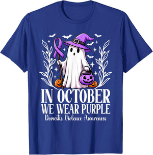 In October We Wear Purple Domestic Violence Ghost Halloween T-Shirt - T-Shirt | Royal