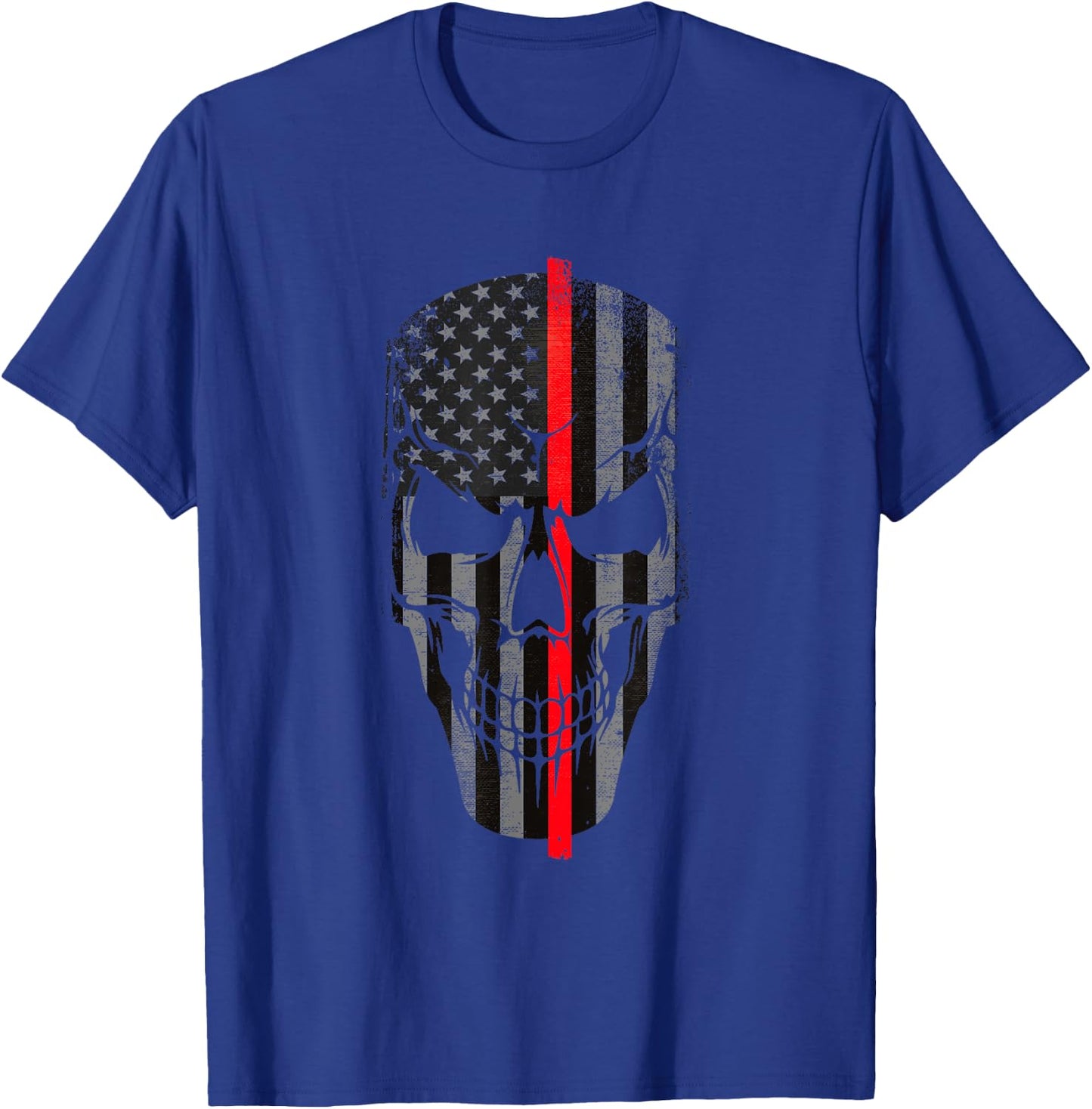 Thin Red Line Firefighter American Flag Skull T-Shirt - T-Shirt | Royal