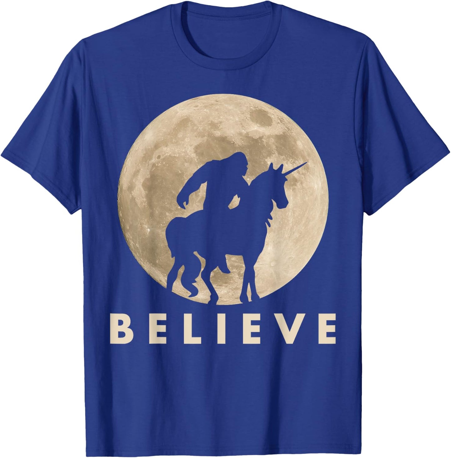 Bigfoot Riding a Unicorn Against a Full Moon Shirt, Believe! T-Shirt - T-Shirt | Royal