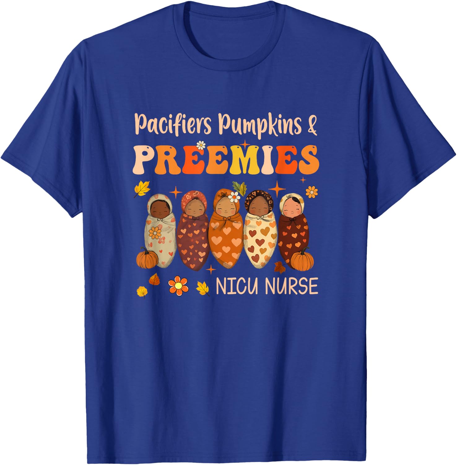 Retro Pacifiers Pumpkins Preemies Fall Nicu Nurse Halloween T-Shirt - T-Shirt | Royal