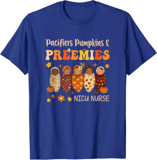 Retro Pacifiers Pumpkins Preemies Fall Nicu Nurse Halloween T-Shirt - T-Shirt | Royal