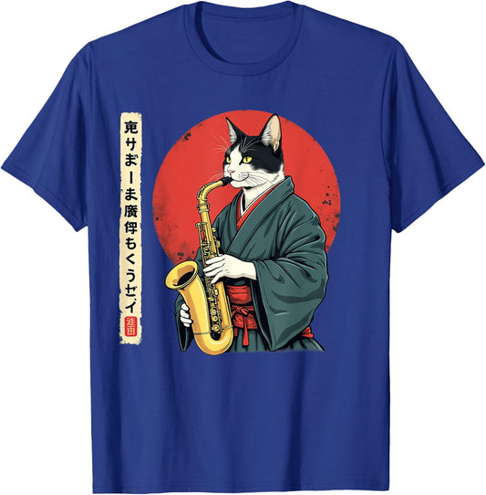 Jazz Samurai Cat Playing Saxophone Kimono Japanese Men Women Kids T-Shirt - T-Shirt | Royal