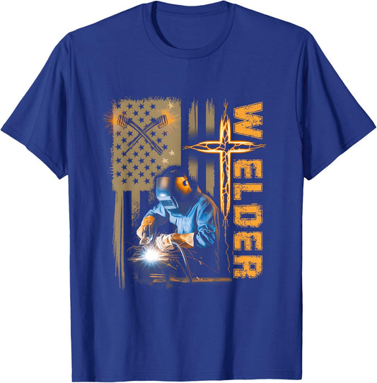 Welder American Flag Welding Faith Cross Christian Religious T-Shirt - T-Shirt | Royal