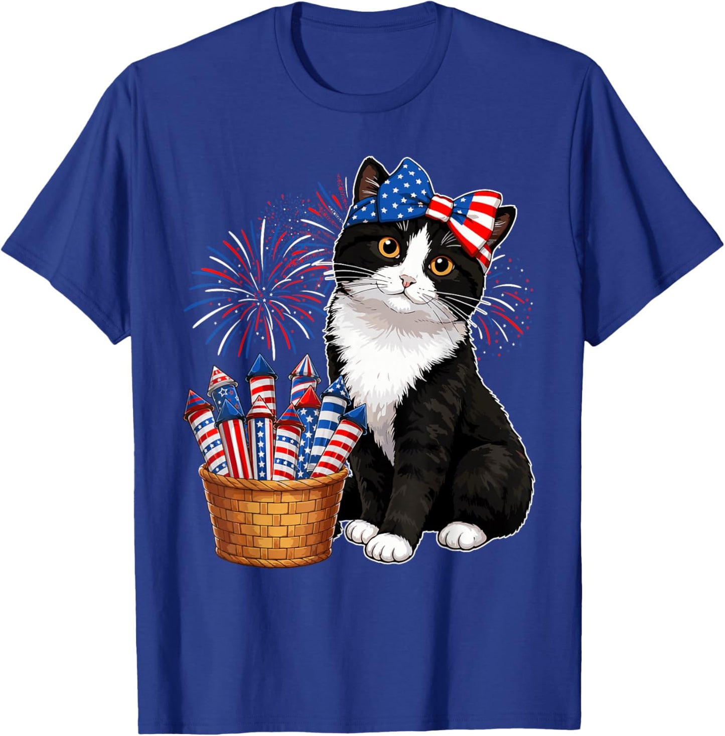 4th of July Tuxedo Black and White Cat Fireworks USA Flag T-Shirt - T-Shirt | Royal